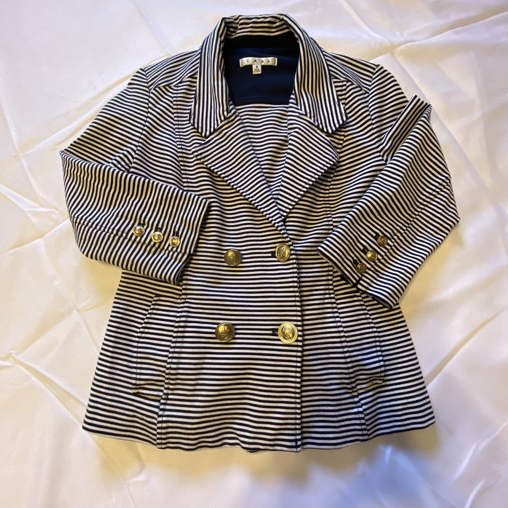 Cabi 823 Regatta Blazer Navy Blue White Striped Double Breasted Gold Button S
